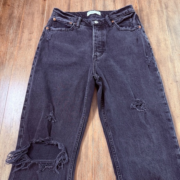 Abercrombie & Fitch The Dad High Rise Straight Leg Jeans Black Torn Ripped Knee - Picture 9 of 12